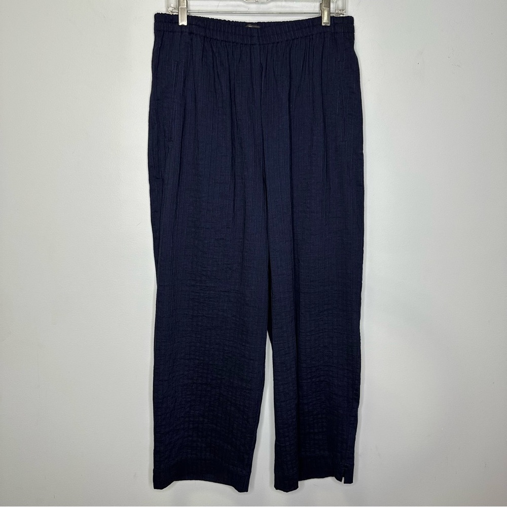 Elemente Clemente Navy Blue Indigo Textured Stripe Wide Leg Linen Blend Pants 12